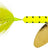 Yellow and black spinnerbait with a gold blade on a white background