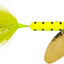 Yellow and black spinnerbait with a gold blade on a white background