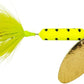 Yellow and black spinnerbait with a gold blade on a white background