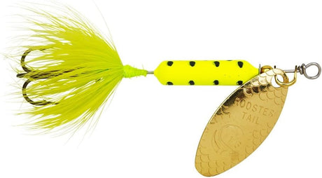 Yellow and black spinnerbait with a gold blade on a white background