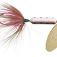 Fishing lure with pink and green feathers on a white background