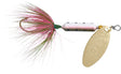 Fishing lure with pink and green feathers on a white background