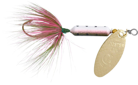 Fishing lure with pink and green feathers on a white background