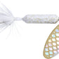 Fishing lure with white and gold details on a white background