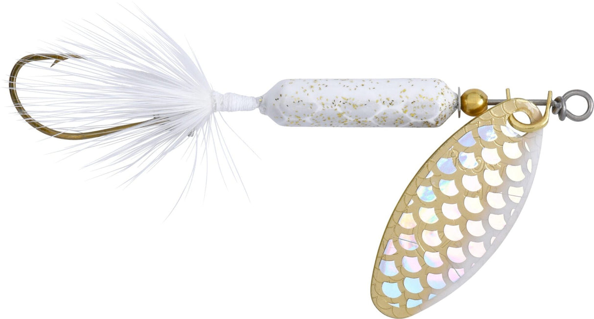 Fishing lure with white and gold details on a white background