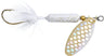 Fishing lure with white and gold details on a white background