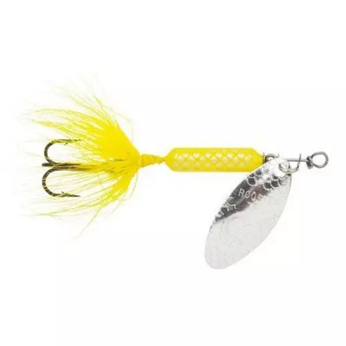 Yellow fishing lure with a silver blade on a white background
