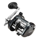 Angled view of Shimano Tekota A conventional reel showing frame and spool design