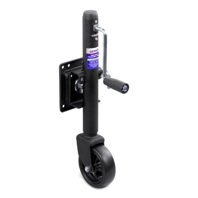 Black trailer hitch with a blue label on a white background