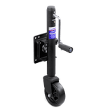 Black trailer hitch with a blue label on a white background