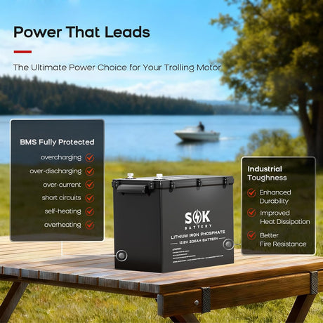 SOK 12V 206Ah LiFePO4 battery with smart BMS protection for trolling motor applications