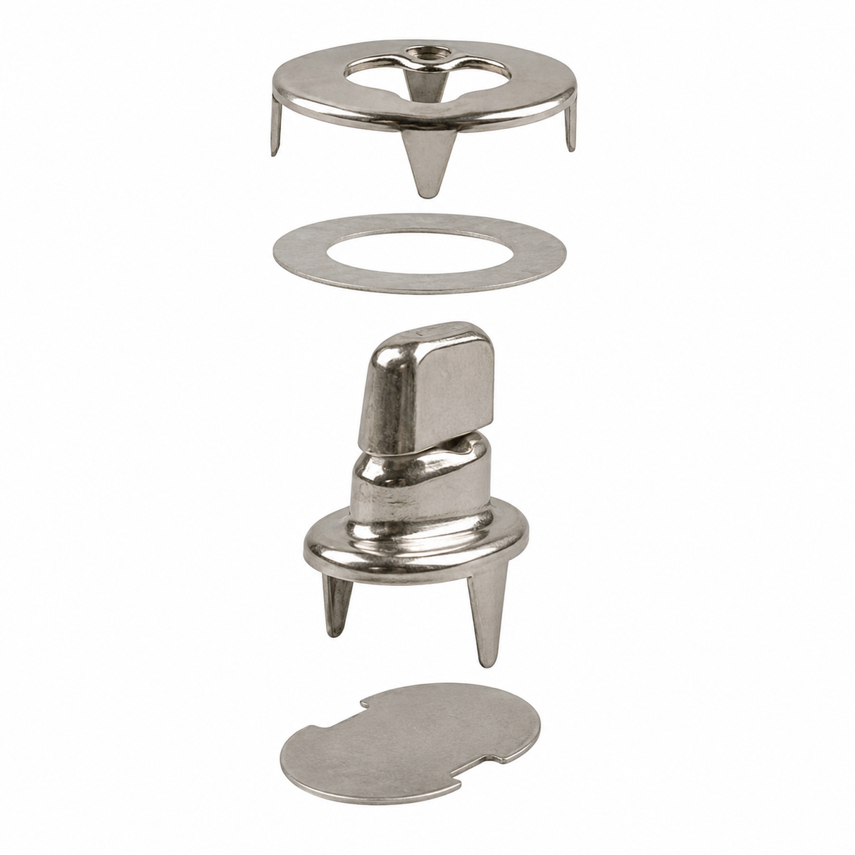 Stainless steel marine canvas turn button fastener kit with turn button, eyelet, backing washer, and prong components for securing boat covers and canvas enclosures.