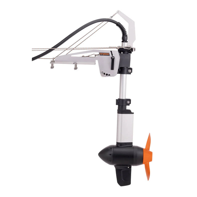 Side view of Torqeedo Travel Ultralight electric kayak motor with mounting bracket and propeller