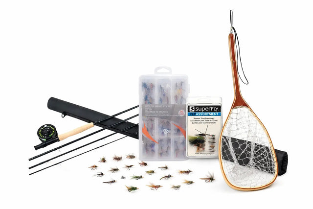 trout fishing starter kit for Vancouver Island with fly rod and reel combo, trout flies assortment, landing net and beginner freshwater fishing gear