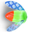 Colorful fishing lure with blue, green, and red sections on a white background
