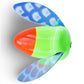 Colorful fishing lure with blue, green, and red sections on a white background