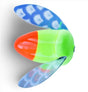 Colorful fishing lure with blue, green, and red sections on a white background