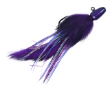 Purple fishing lure with multicolored skirt on a white background